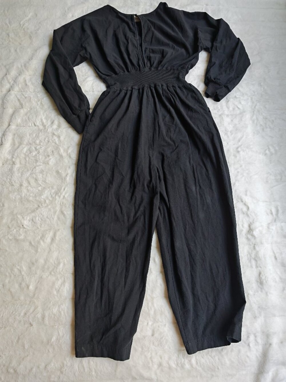 Free People Sonika Jumpsuit Black Balloon Sleeve Smocked Waist Size L - Picture 11 of 13
